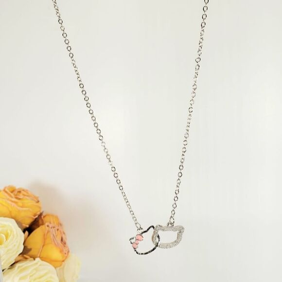 Brand New Double Hello Kitty Silver Rhinestone Necklace With Pink Ribbon - Picture 5 of 7